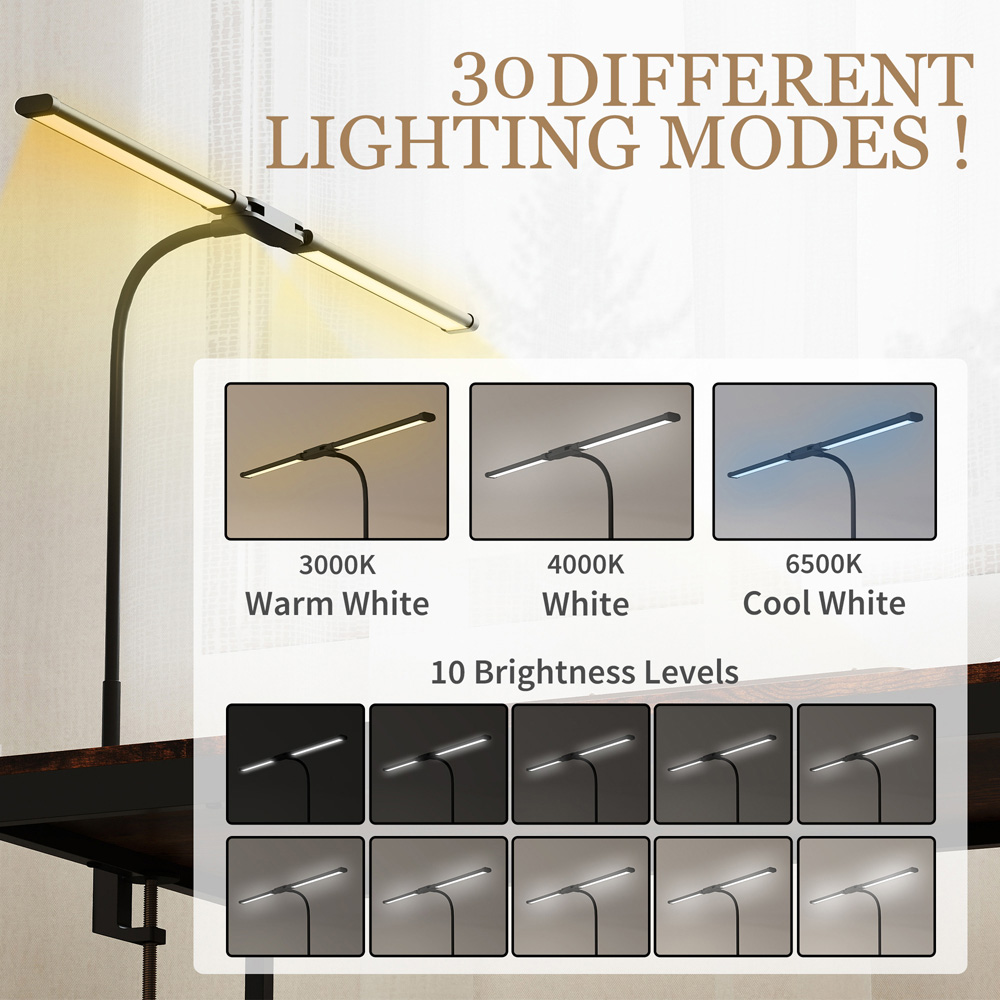 HOMCOM Black Double Head Dimmable LED Table Lamp with Clamp Image 7