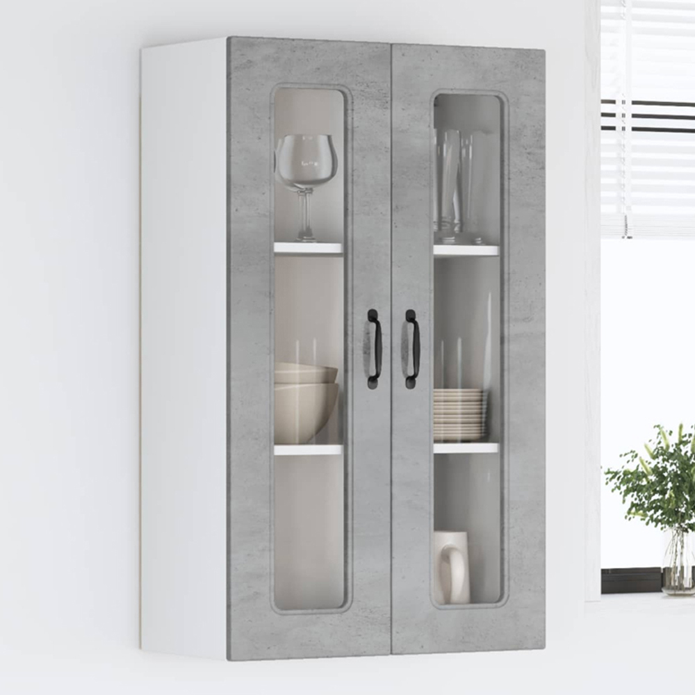 vidaXL 2 Glass Door Concrete Grey Kitchen Wall Cabinet Image 1