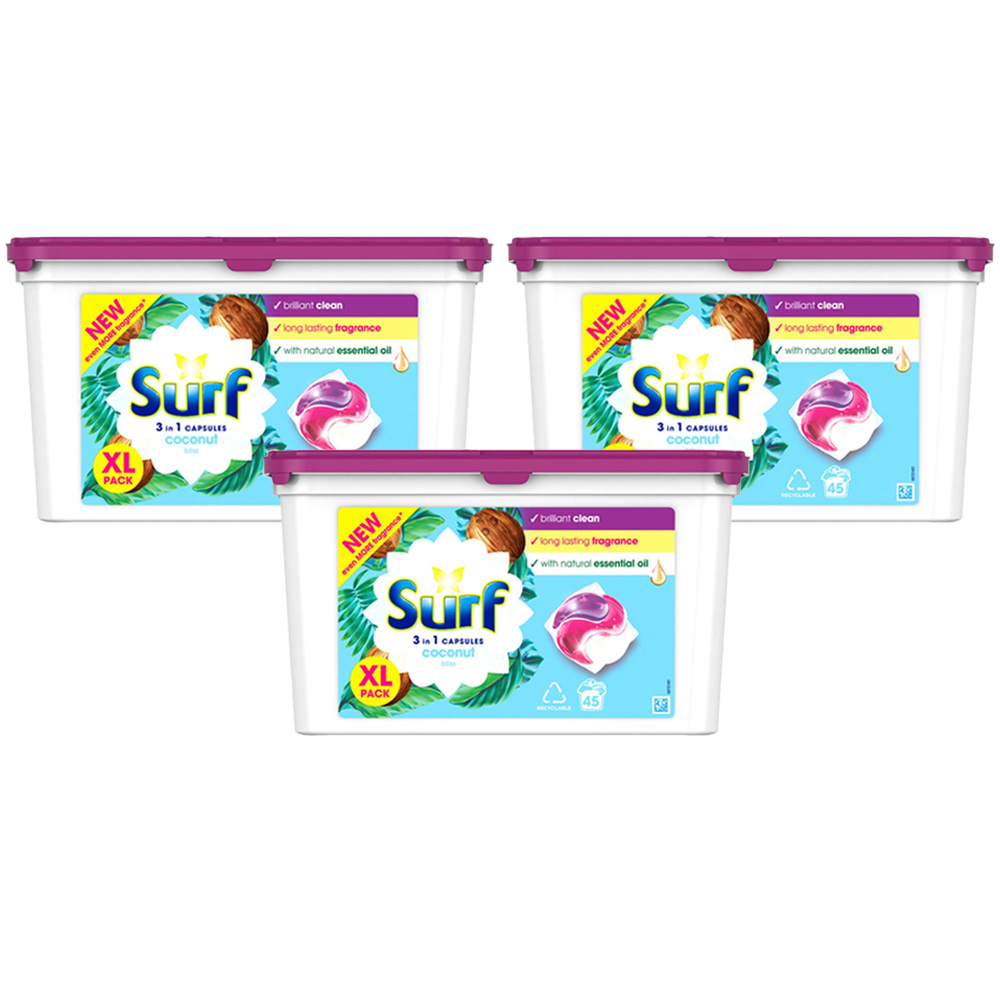 Surf 3 in 1 Coconut Bliss Laundry Washing Capsules 45 Washes Case of 3 Image 1