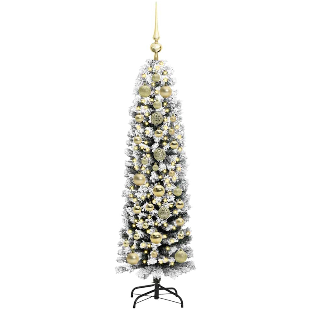 vidaXL Green Snow Flocked Artificial Christmas Tree with LEDs Gold Decoration Ornaments 5ft Image 1