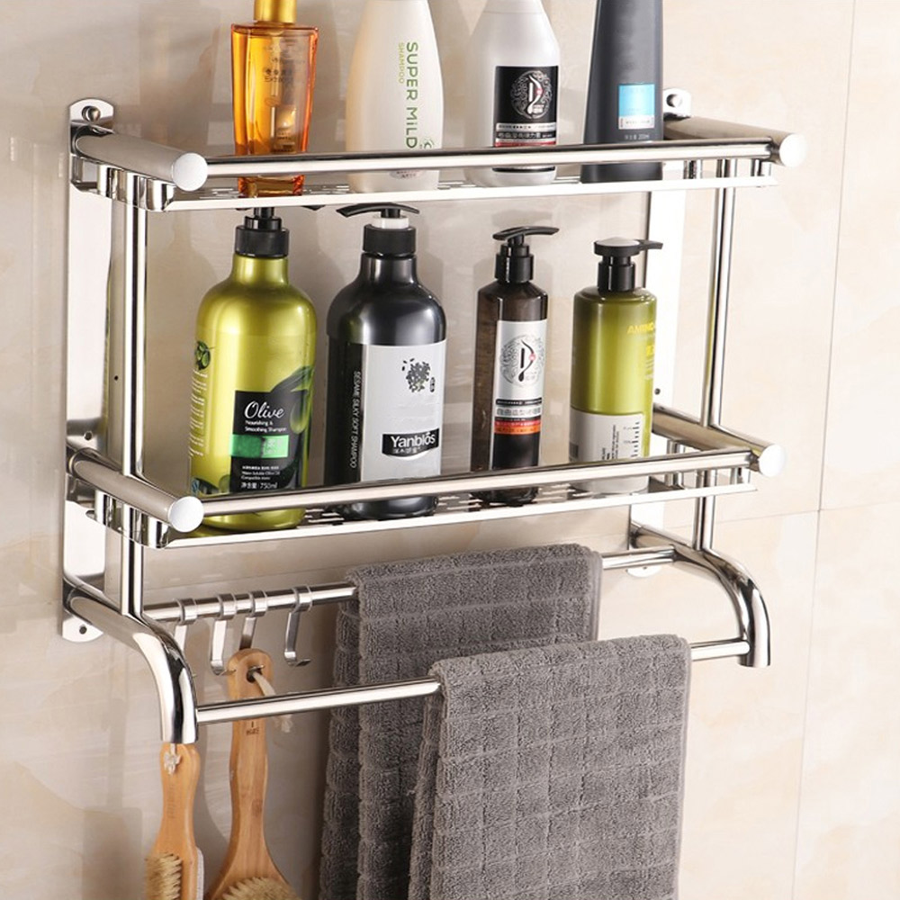 Living And Home WH0925 Silver Stainless Steel 2-Tier Bathroom Towel Rail With Hooks Image 5