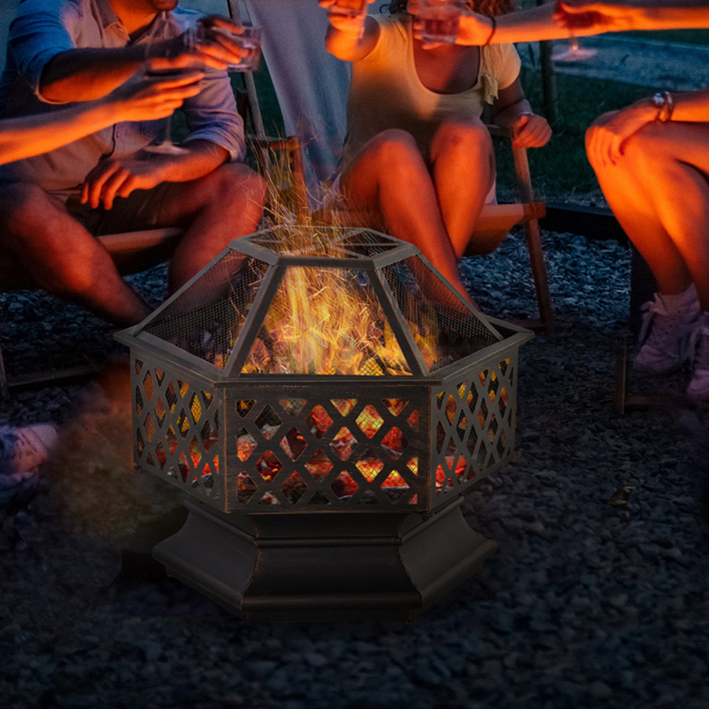 Outsunny Diamond Pattern Hexagonal Fire Pit with Poker and Mesh Lid Image 7
