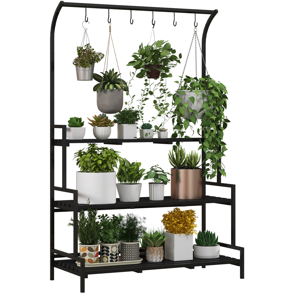 Outsunny 3 Tiered Plant Rack Stand with Hanging Hooks Image 1