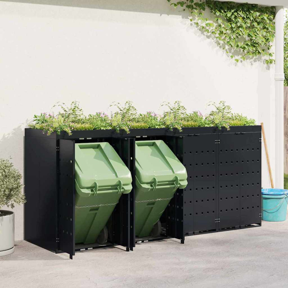vidaXL Black 4 Wheelie Bin Storage Shed with Planter Roof Image 2