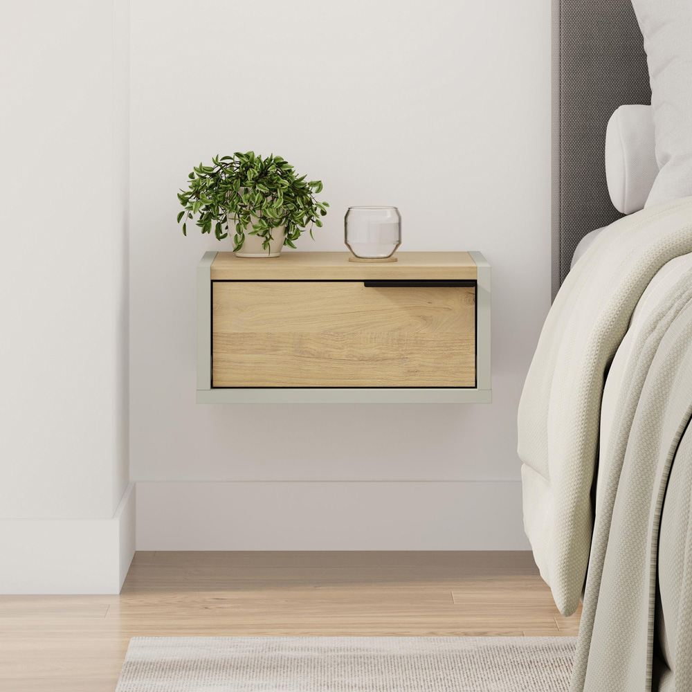 Decortie Eco Single Drawer Ash Green Wall Mounted Bedside Table Image 6