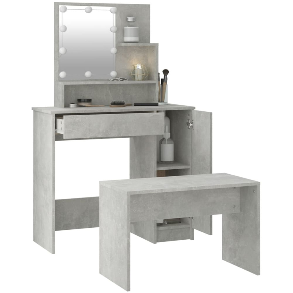vidaXL Single Door Single Drawer 3 Shelf Concrete Grey Dressing Table Set with LED Lights Image 5