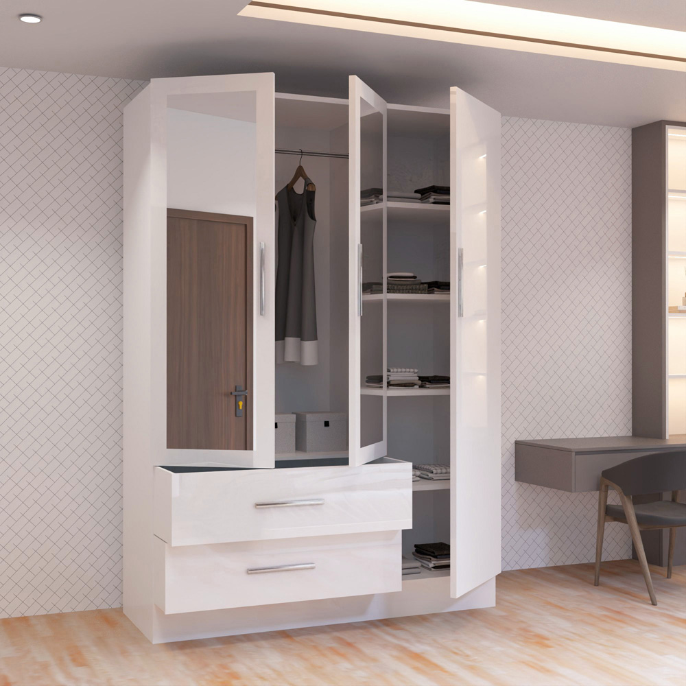 Sliding Wardrobes 4U 3 Door 2 Drawer White High Gloss Hinge Door Wardrobe 120cm Image 3