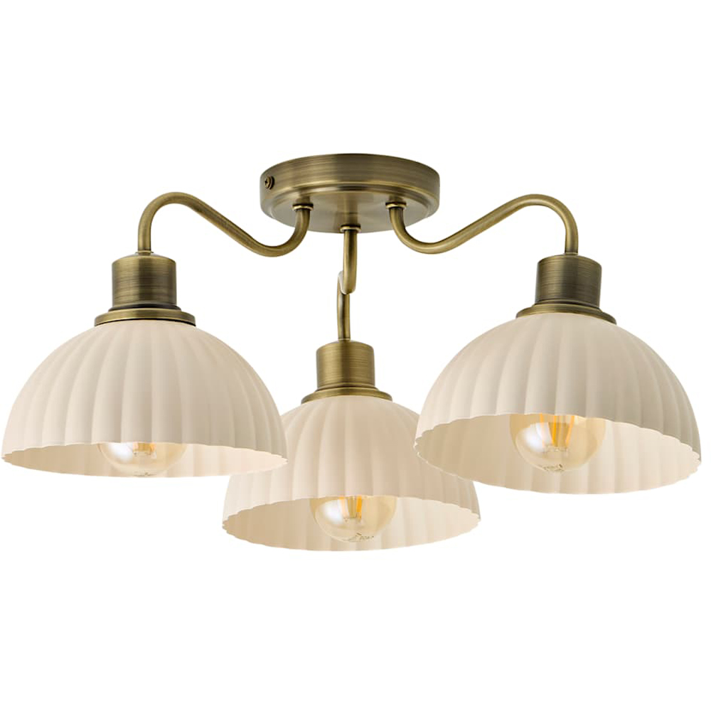 ValueLights Bourton 3 Arm Cream Ribbed Dome Shade Brushed Gold Ceiling Light with Bulb Image 1