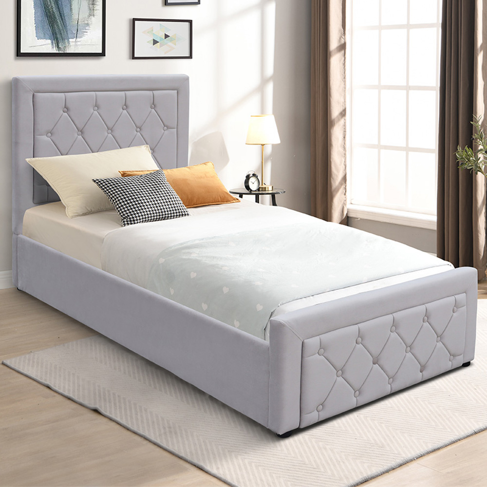 Kosy Koala Single Grey Velvet Tufted Gaslift Ottoman Bed with Mattress Image 1