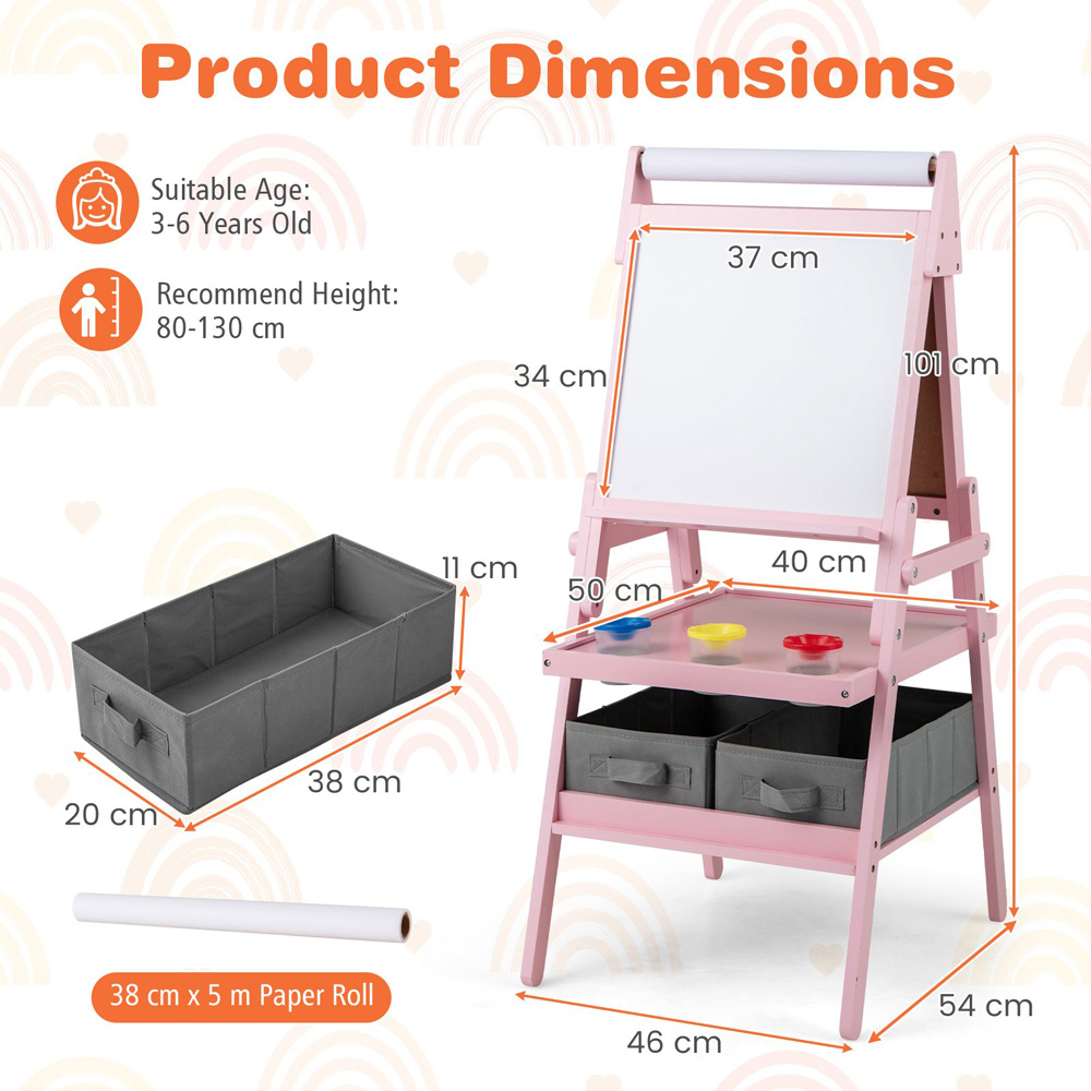 Costway Kids Pink Double Sided Easel with Magnetic Whiteboard and Chalkboard Image 8