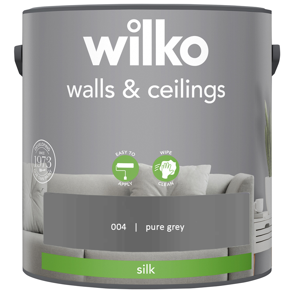 Wilko Walls & Ceilings Pure Grey Silk Emulsion Paint 2.5L Image 2