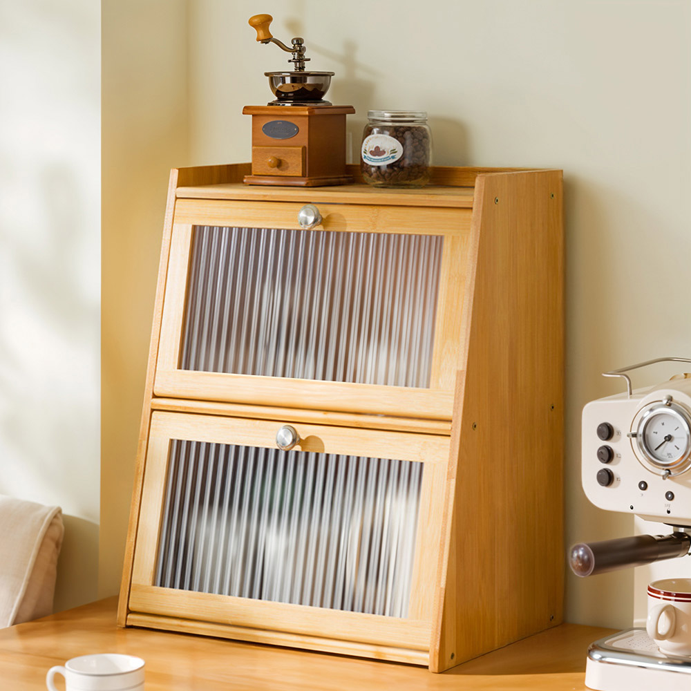Living and Home 2 Door Single Shelf Natural Bamboo Bread Storage Cabinet Image 3