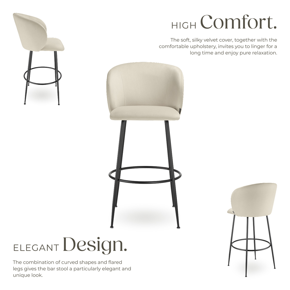 tectake Luana Cream and Black Velvet Look Padded Bar Stool Set of 2 Image 4