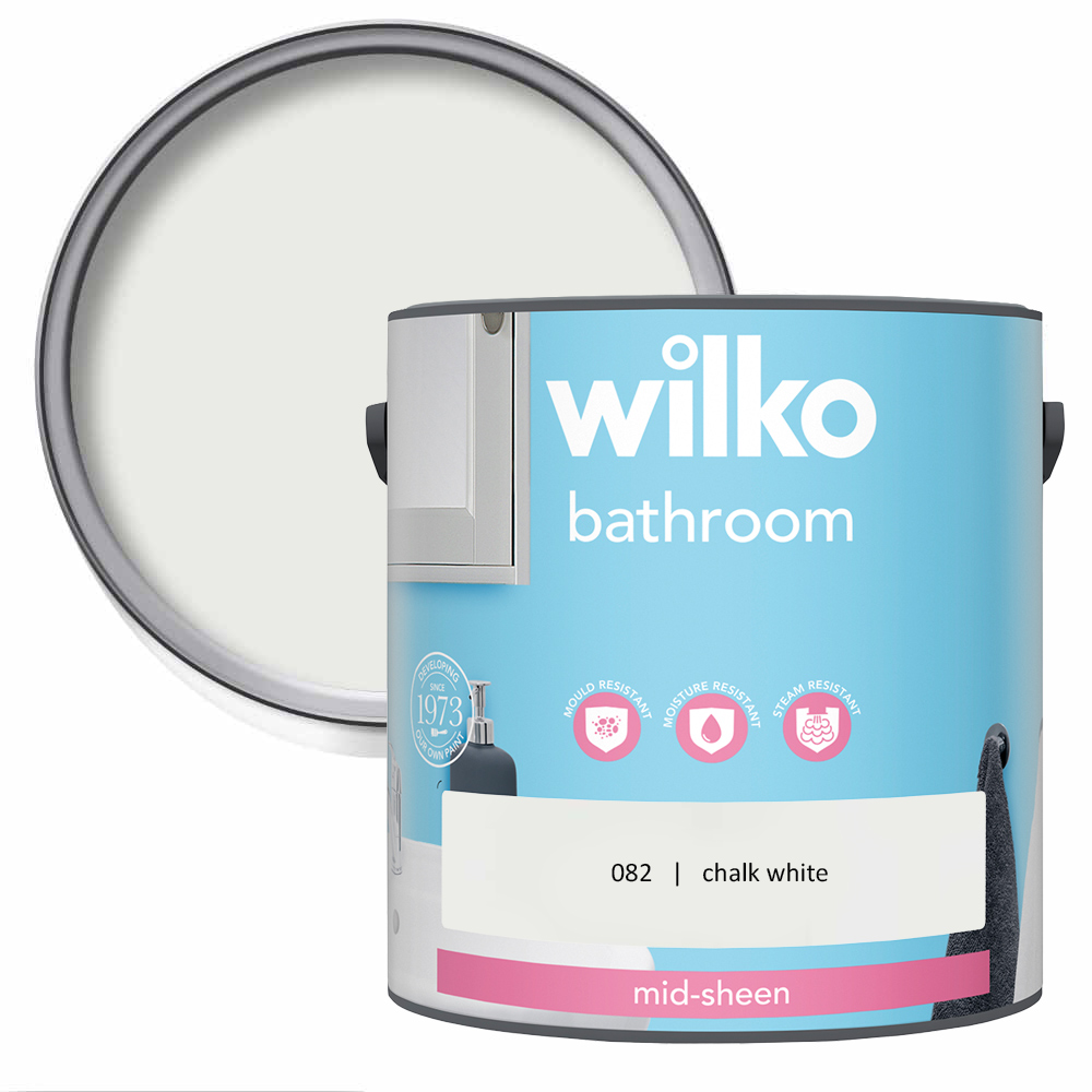 Wilko Bathroom Chalk White Mid Sheen Emulsion Paint 2.5L Image 1