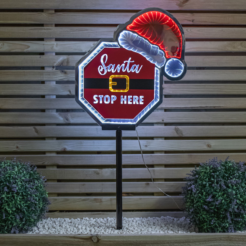 Samuel Alexander Red and White LED Santa Stop Here Sign with Santa Hat Christmas Decoration 40cm Image 1