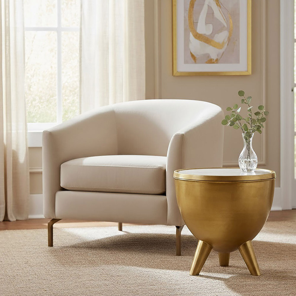 Premier Housewares Crest Gold Bowl-Shaped Side Table with White Marble Top Image 3