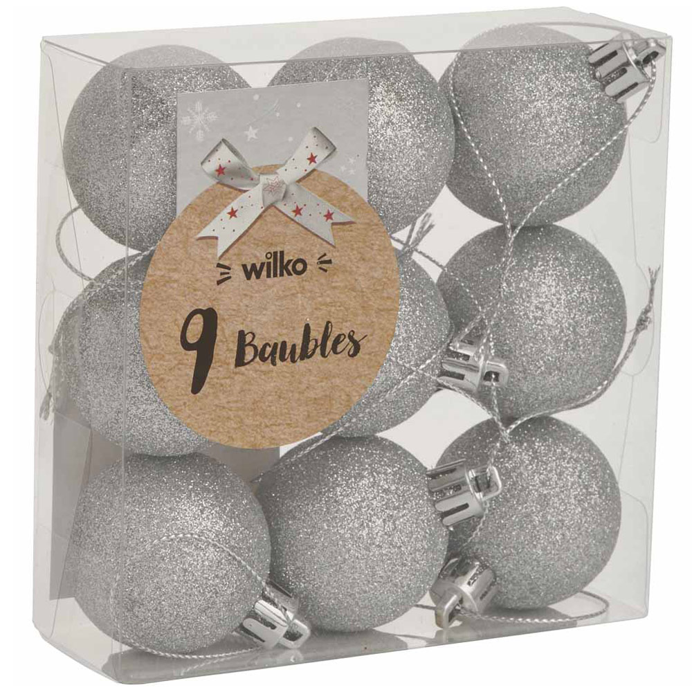 Wilko Magical Silver Glitter Christmas Baubles 9 Pack Image 3