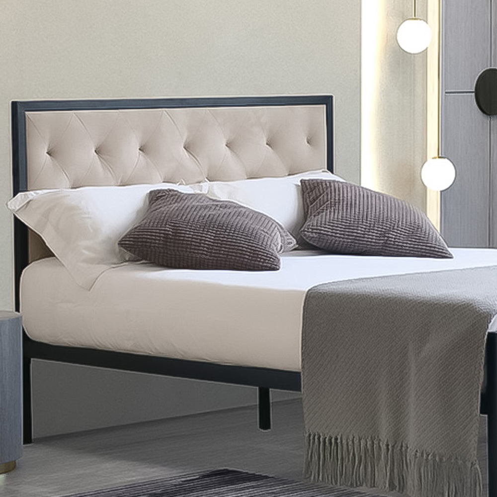 Brooklyn King Size Metal Bed Frame with Cream Plush Velvet Buttoned Headboard Image 2