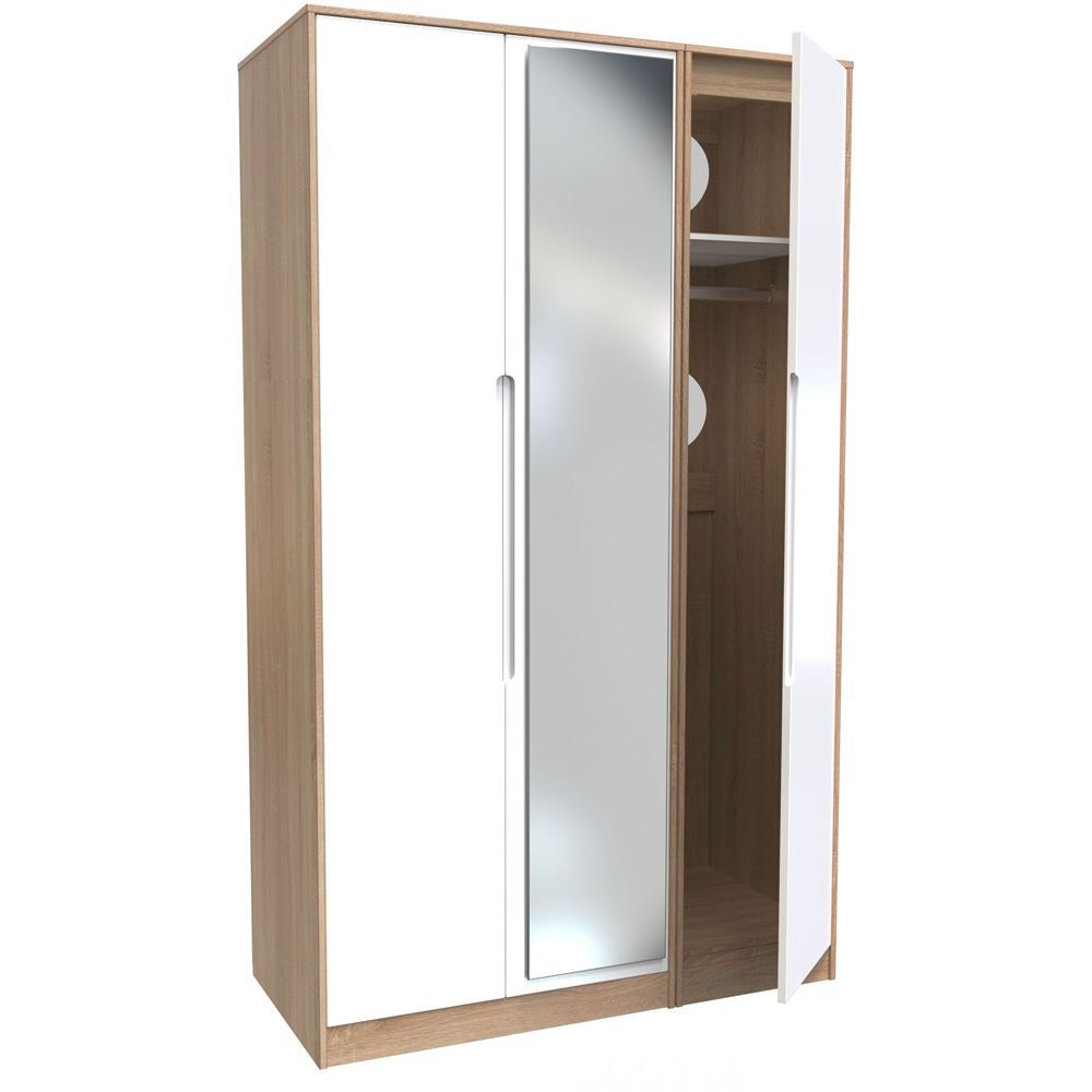 Crowndale Monaco 3 Door White Gloss and Bardolino Oak Tall Mirror Wardrobe Ready Assembled Image 7
