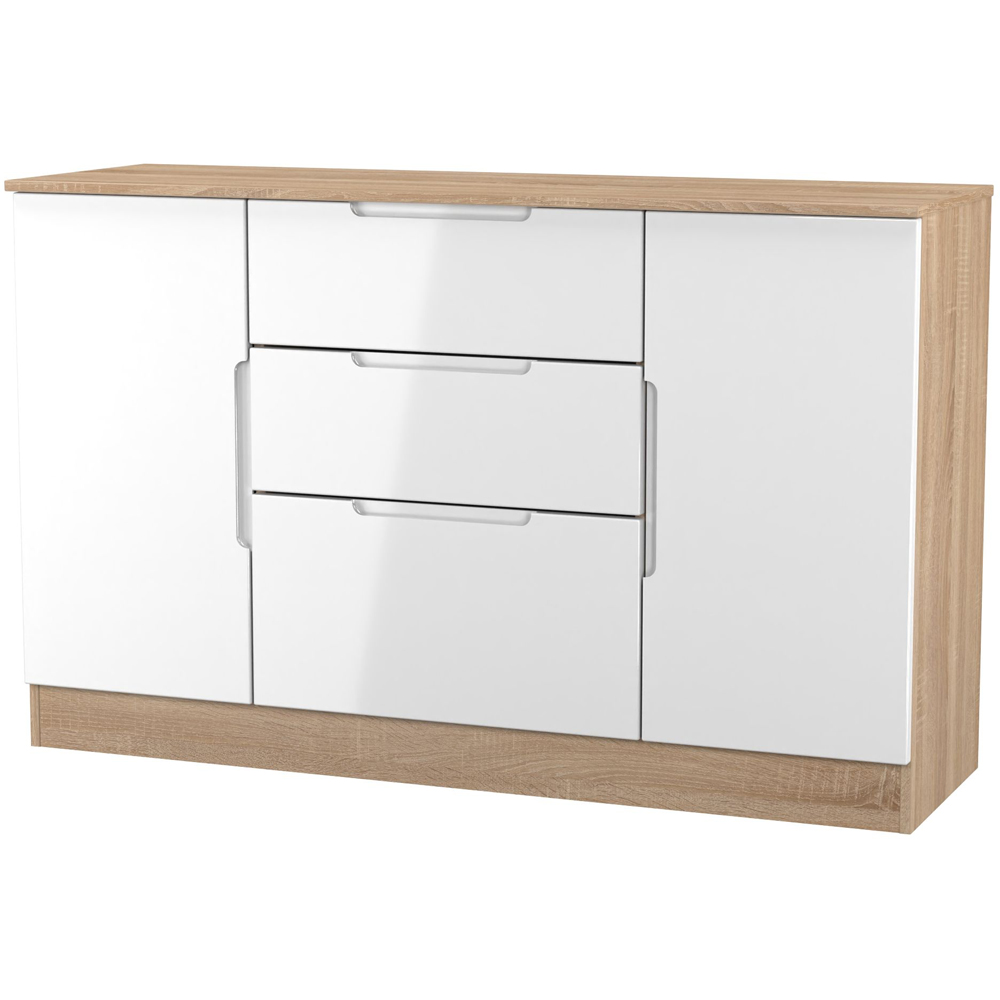 Crowndale Milan 2 Door 3 Drawer White Gloss and Bardolino Oak Sideboard Ready Assembled Image 3