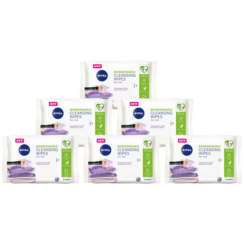 Nivea Biodegradable Cleansing Wipes for Sensitive Skin 25 Pack Case of 6 Image 1