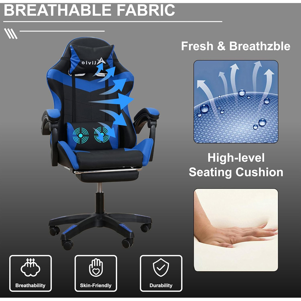 Alivio Black and Blue Ergonomic Swivel Gaming Chair with Footrest and Lumbar Support Image 7
