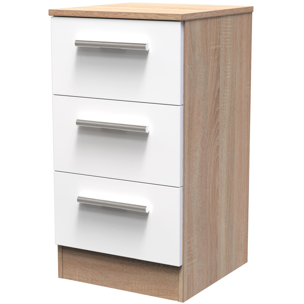 Crowndale Contrast 3 Drawer White Gloss and Bardolino Oak Bedside Table Image 2