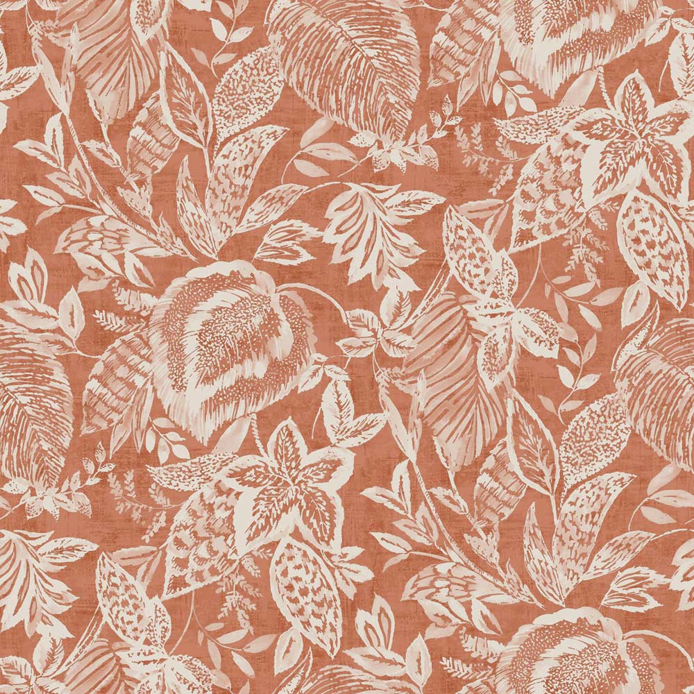 Grandeco Mae Painted Jungle Leaves Linen Terracotta Textured Wallpaper Image 1