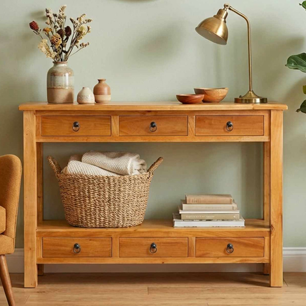 vidaXL 6 Drawer Single Shelf Natural Solid Mahogany Wood Rustic Console Table Image 1