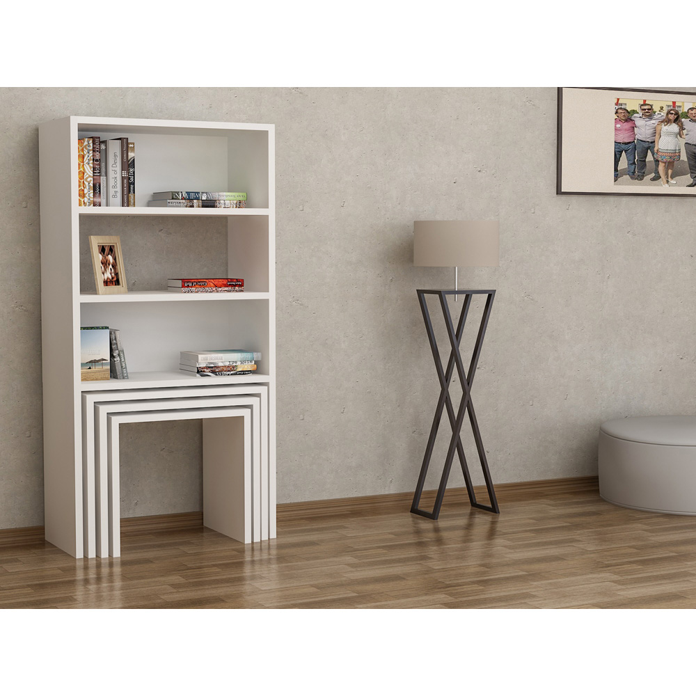 Decorotika Modern Melo 3 Shelf White Bookcase with Nest of Tables Set of 3 Image 7