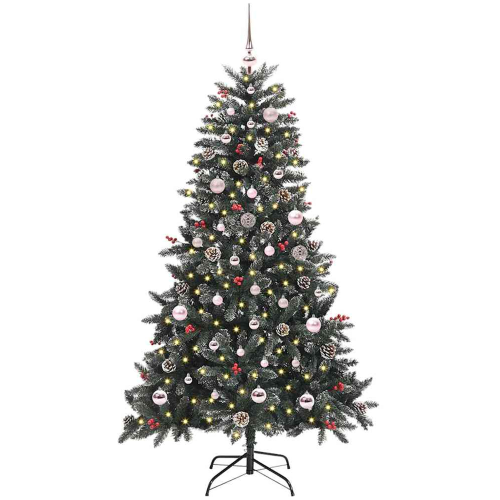 vidaXL Pre-Lit Pink Bauble Pinecones Berries Green Snow Flocked Artificial Christmas Tree 5ft Image 1