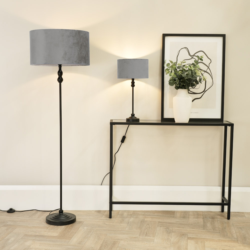 ValueLights Maggie Grey Velvet and Black Drum Shade Candlestick LED Table Lamp Image 5