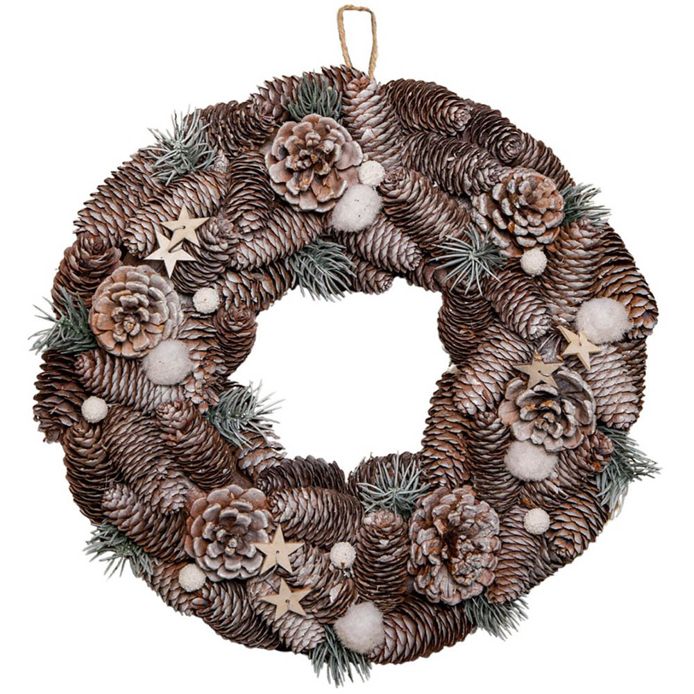 Samuel Alexander Frosted Christmas Wreath with Pine Cones and Wooden Stars 36cm Image 1