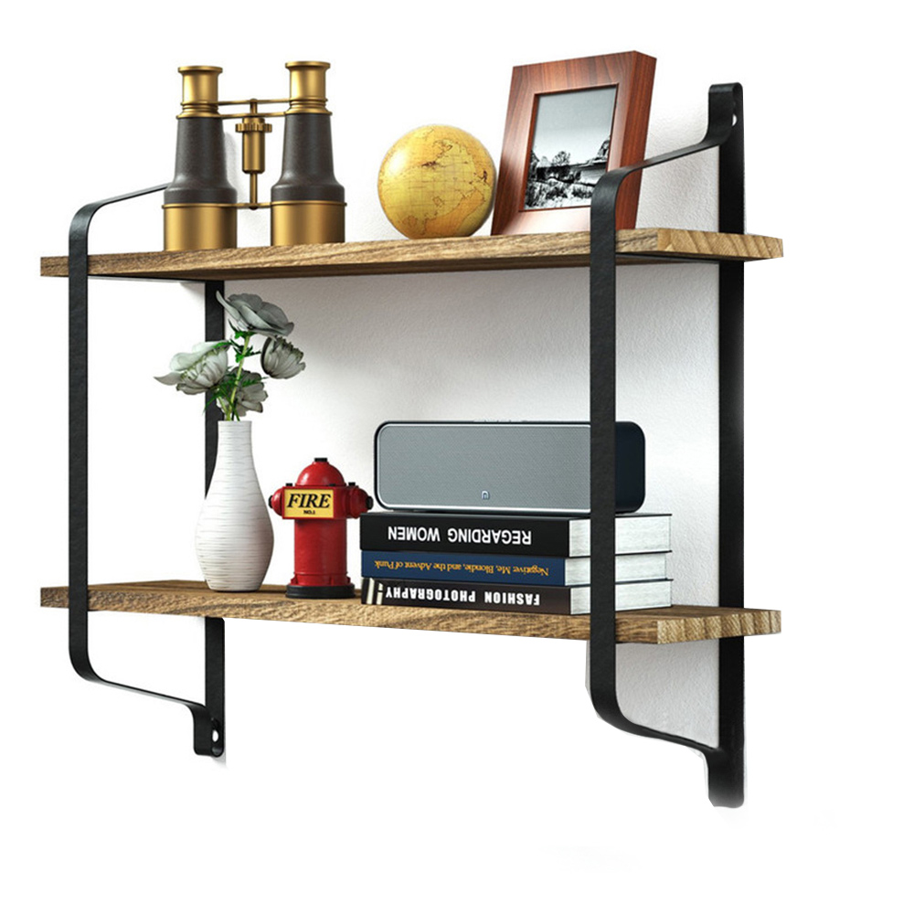 Living And Home WH0948 Wood Metal Frame & Wood 2-Tier Wall Mounted Floating Shelf Image 3