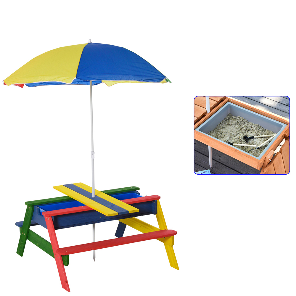 Kids Outdoor Picnic Table and Bench with Parasol Umbrella Rainbow Image 4