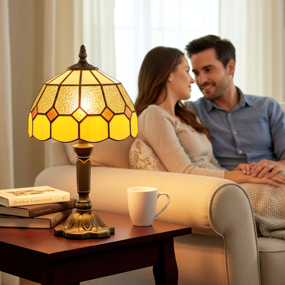 Portland Orange Glass Shade Bronze Base Tiffany-Style Table Lamp Image 3