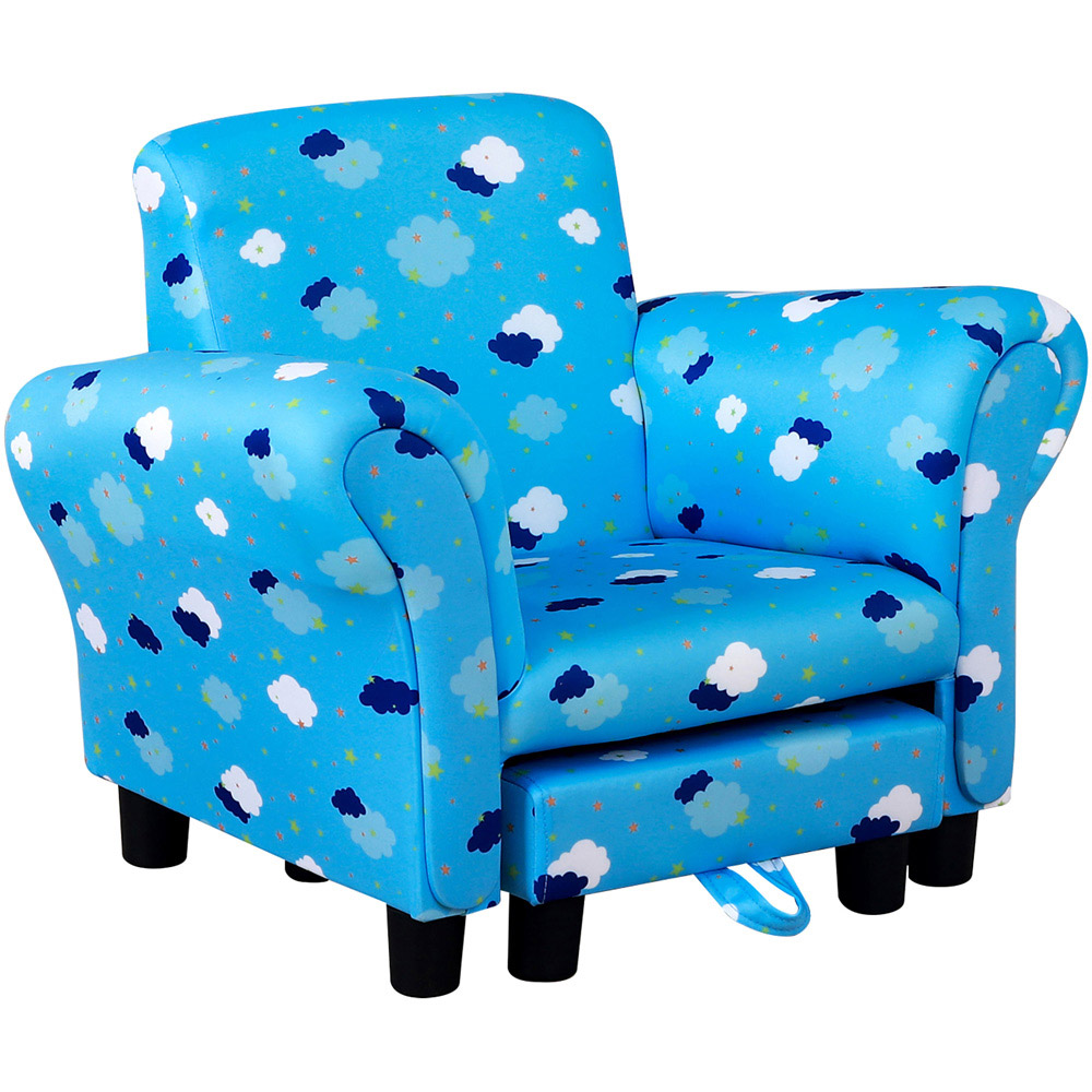 HOMCOM Kids Single Seat Cloud and Star Design Blue Sofa with Footrest Image 2