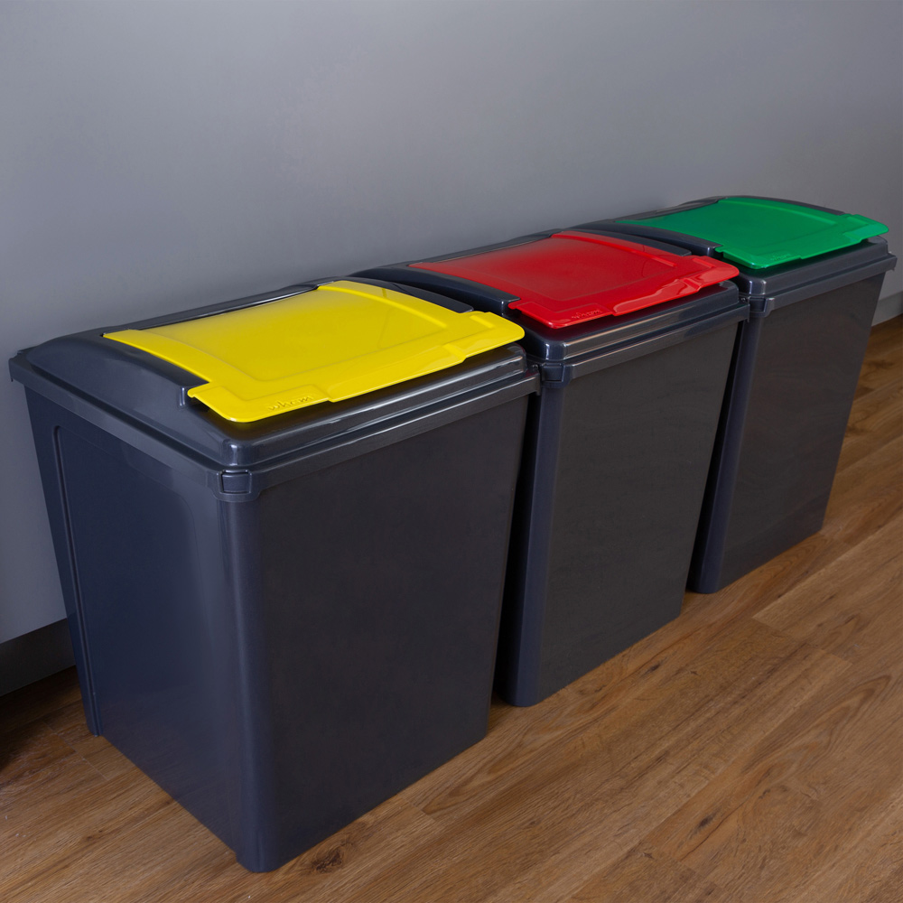 Wham 3 Piece 50L Plastic Recycle Bin Graphite/Asst Red/Green/Yellow Lids Image 2