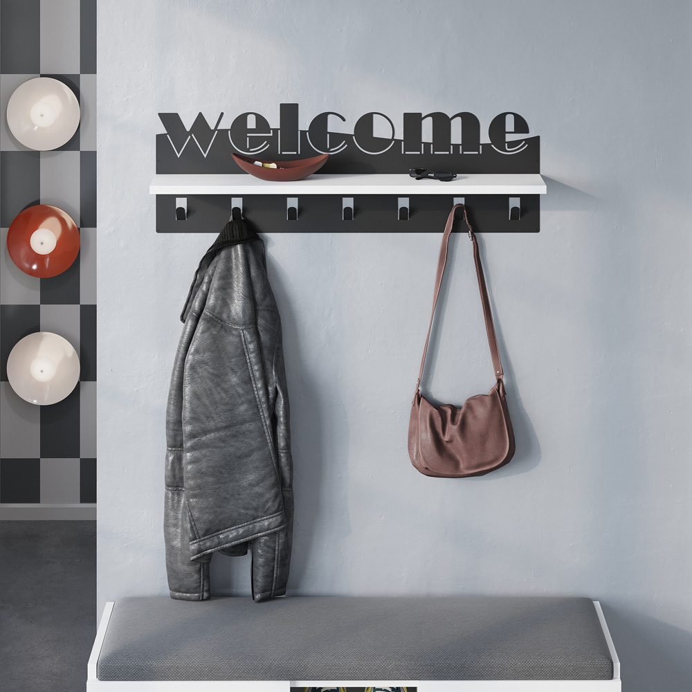 Decortie Welcome Single Shelf White Modern Hanger Shelf with 7 Hook Image 2