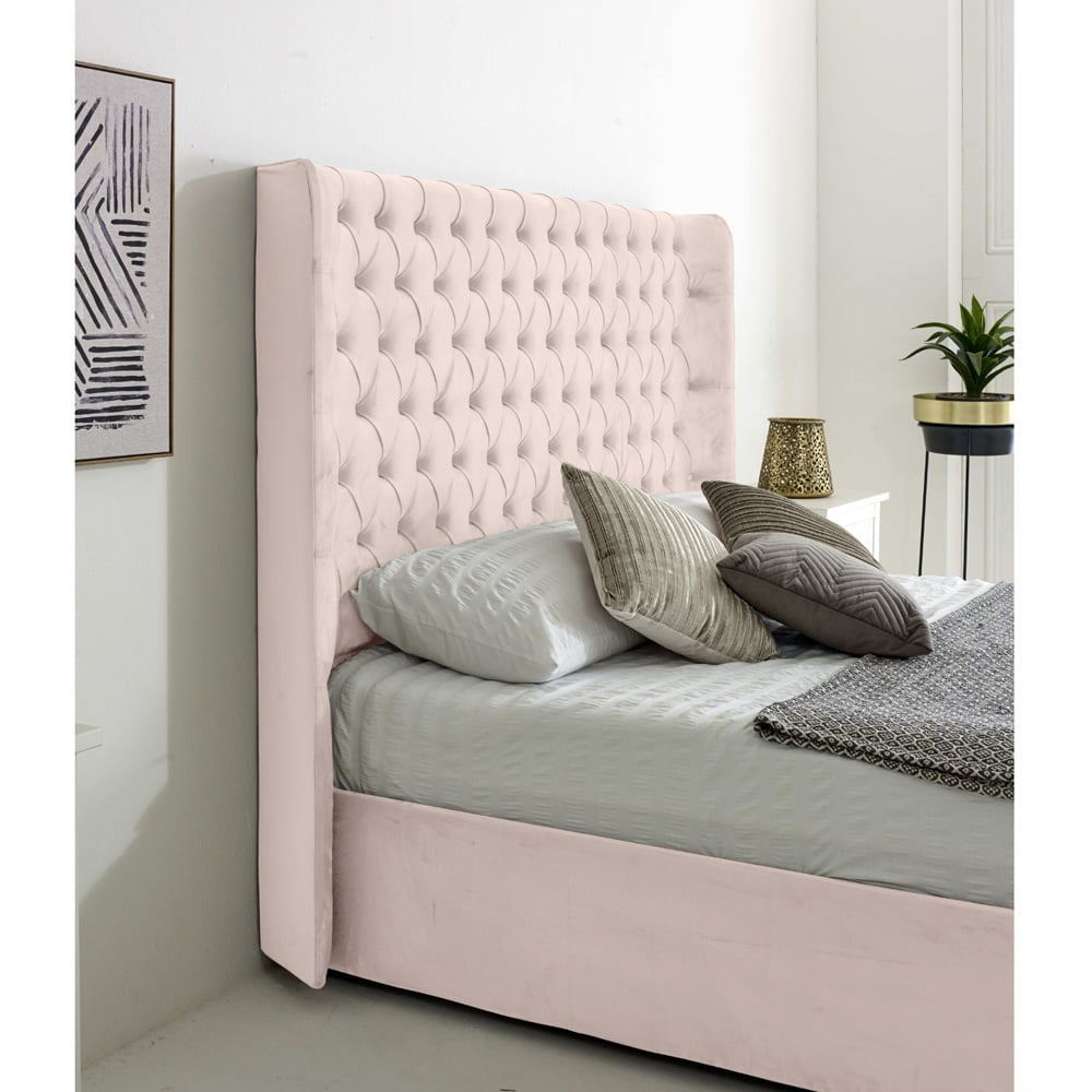 Eleganza Home Woodlake Super King Size Pink Plush Velvet Bed Frame with Chesterfield Headboard Image 2