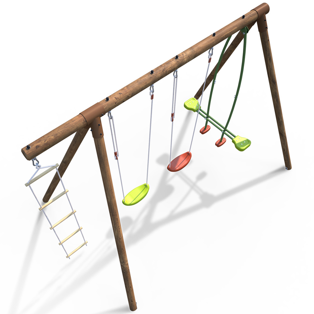 Soulet Gabin Kids Wooden Triple Swing Set with Rope Ladder Image 3