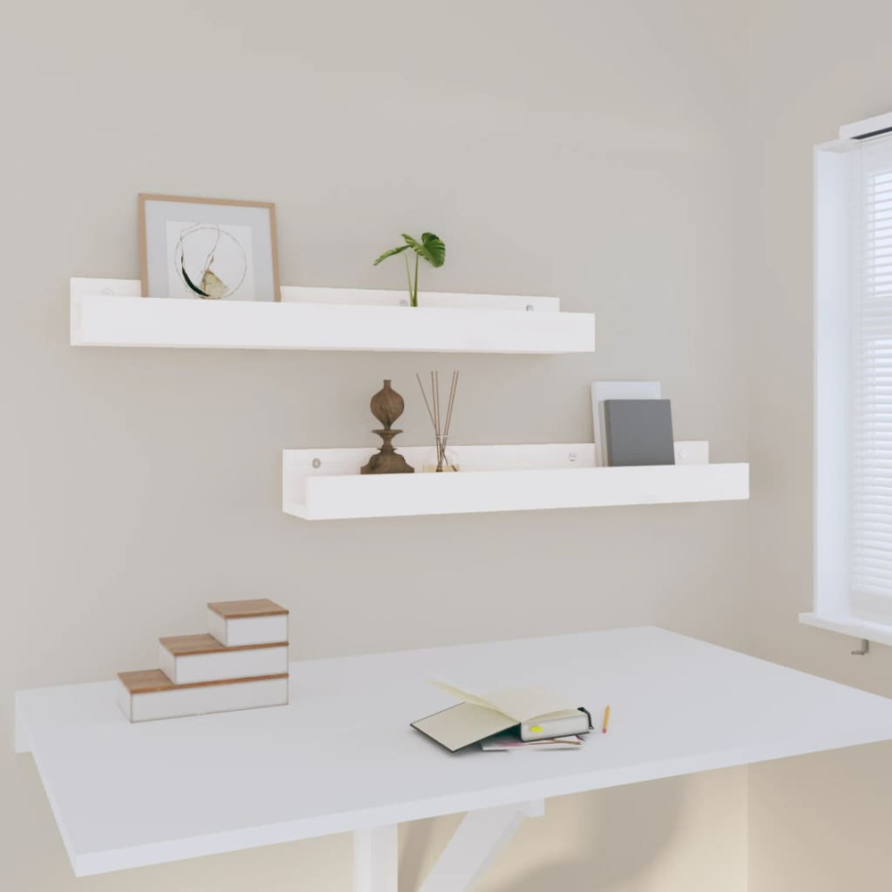 vidaXL 80cm Set of 2 White Solid Pine Wood Floating Wall Shelf Image 5