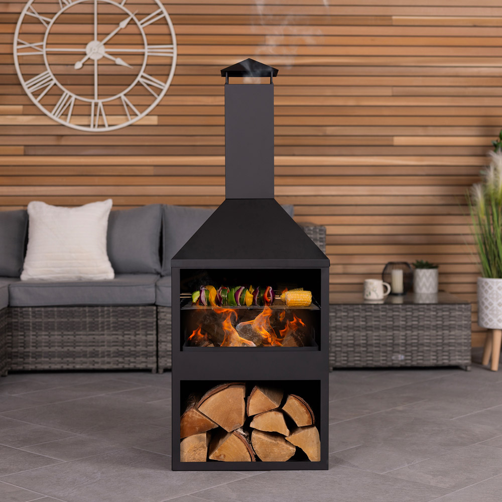 Charles Bentley Snug Rio Black Powder Coated Steel BBQ and Chimenea with Log Storage Image 2