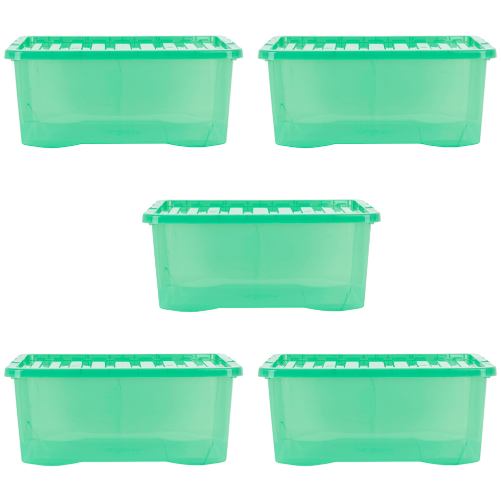 Wham Crystal 45L Clear Green Stackable Plastic Storage Box and Lid Pack 5 Image 1