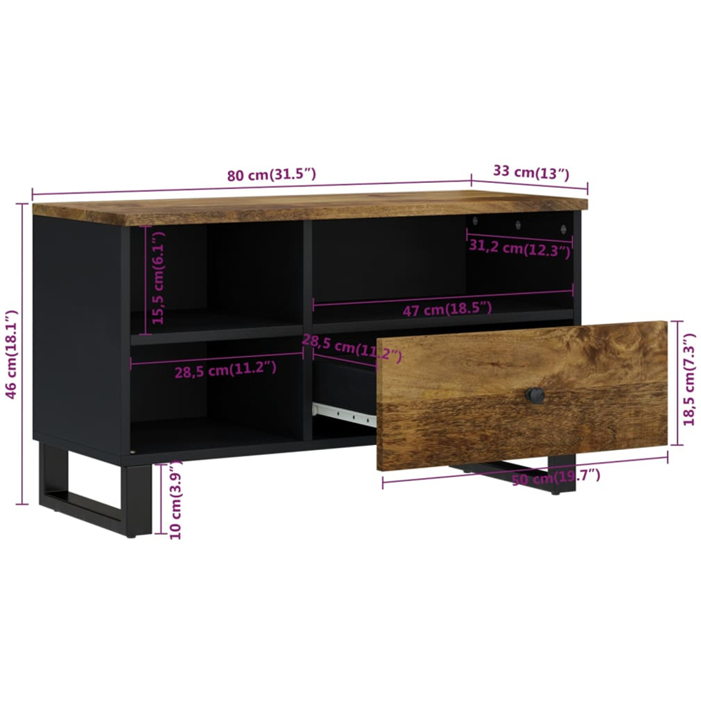vidaXL Single Drawer 3 Shelf Honey Brown Solid Mango Wood TV Cabinet Image 8