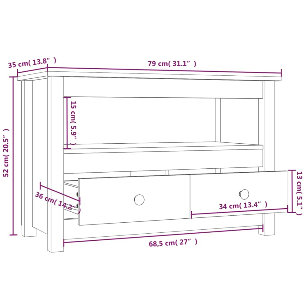 vidaXL 2 Drawer Single Shelf Natural Solid Pine Wood TV Cabinet Image 9