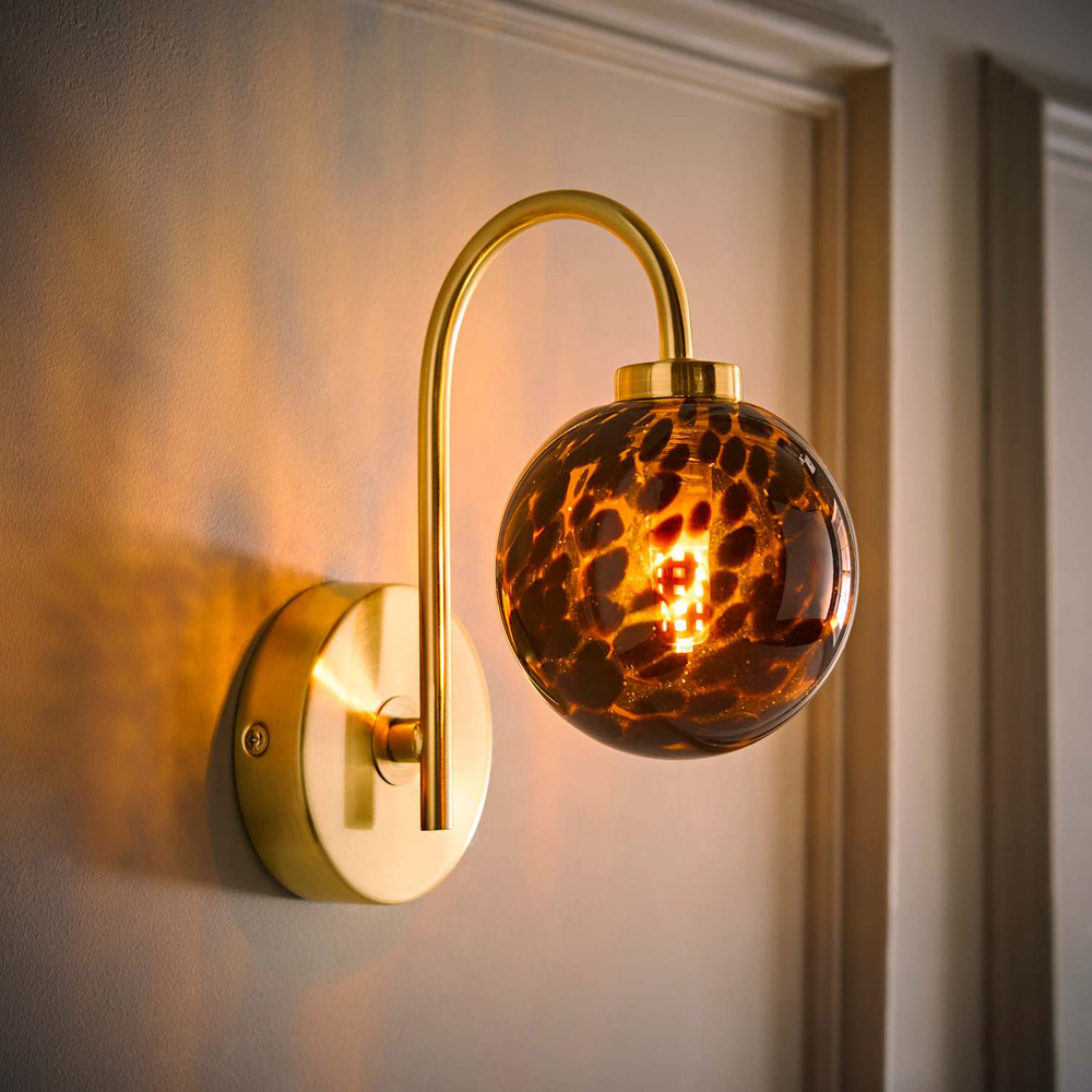 ValueLights Chiara Leopard Print Glass Globe Shade Brushed Gold LED Wall Light with Bulb Image 2