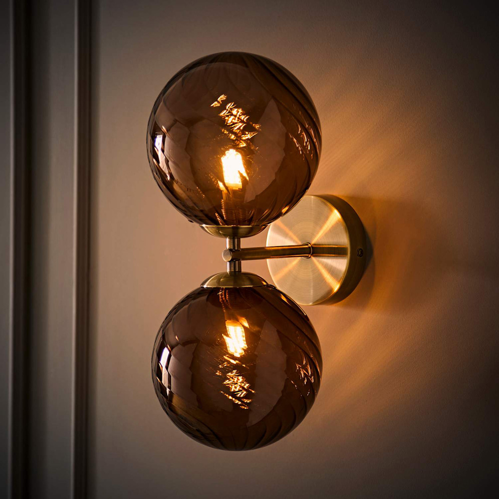 ValueLights Sydney Brushed Brass 2-Way Glass Globe Wall Light with Bulb 2 Pack Image 2