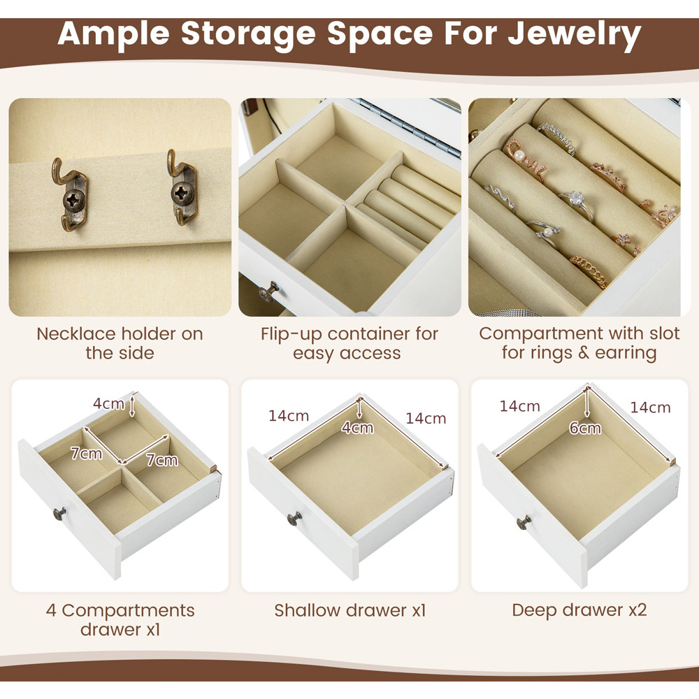 Costway 5 Drawer White Freestanding Jewellery Organizer with Flip Up Mirror Side Door Image 5