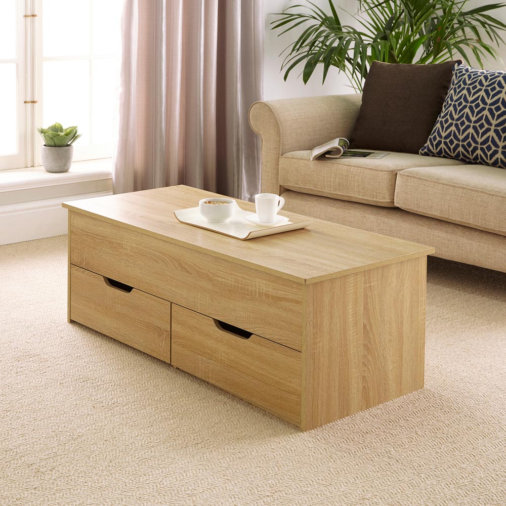 Home Source Bruges 2 Drawer Single Shelf Natural Oak Lift Up Coffee Table Image 7